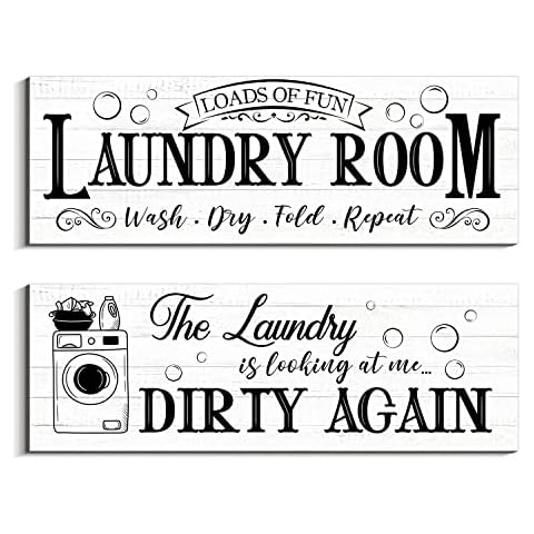 Creoate Laundry Room Decor, 2 Pieces Laundry Sign Wall Decor Funny Laundry Room Rules Decor Rustic Family White Wood Sign Hanging Plaque for Laundry Bathroom Wall Decor (White) Cover