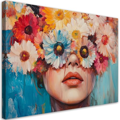 Feeby Quadro su Tela Non Tessuta - Stampa Su Tela - Donna con fiori in testa - 90x60 cm - Decorazione Murale - Moderno Soggiorno - quadri moderni soggiorno - poster