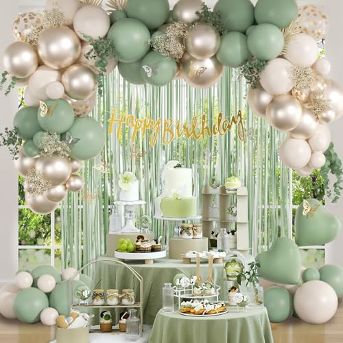 Sage Green Birthday Party Decorations with Happy Birthday Banner Green Fringe Curtain Butterfly Decorations Foil Balloons Happy Birthday Decorations for Women - Image 7