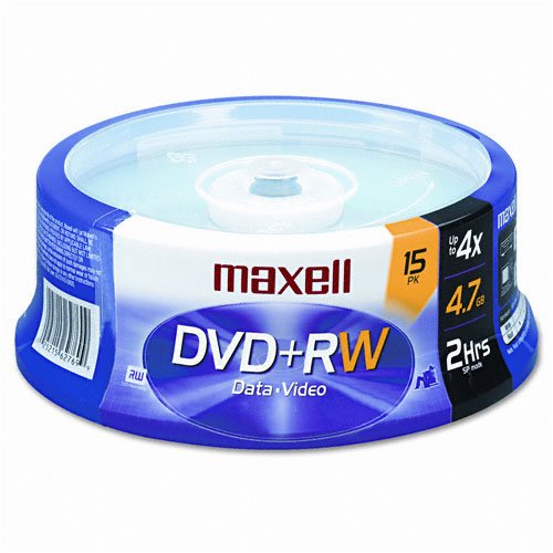 Maxell DVD+RW Discs, 4.7GB, 4x, Spindle, Silver, 15/Pack, Sold as 1 Package