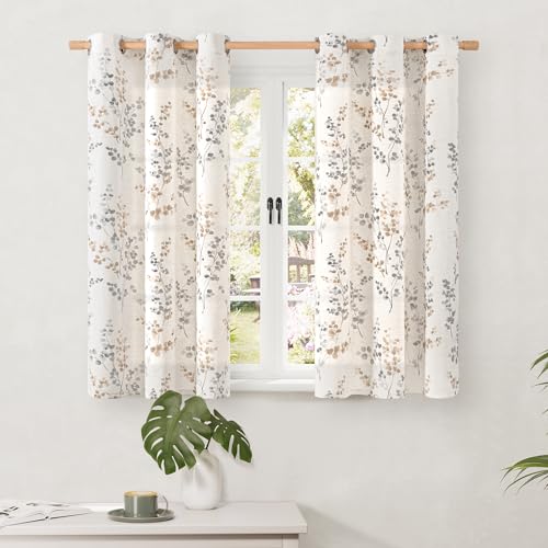 BGment Short Linen Curtains for Small Window 45 Inch Length 2 Panels, Boho Light Filtering Privacy Curtains for Farmhouse Bedroom Basement Bathroom, Cottage Leaf Design, Each 42 Inch Wide, Brown