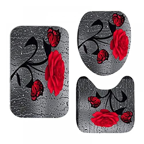 Badezimmer Badematte 3 Teilig Set Rose Flower Mädchen Mit Blumen Regentropfen Teppich Flanell Saugfähig Badteppiche Badvorleger Badgarnitur WC Vorleger