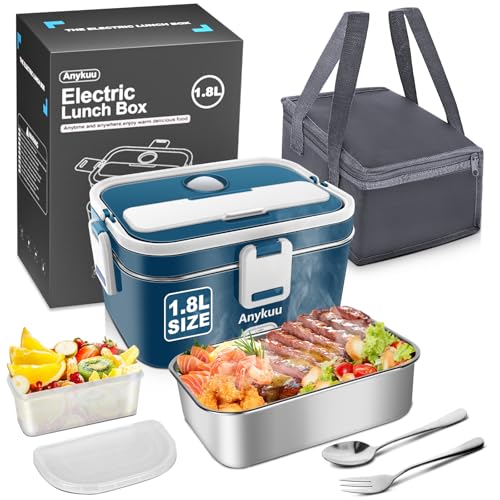 Anykuu 100W 1.8L Fiambrera Electrica Extra Grande 3 en 1 Tartera Eléctrica Cuenco eléctrico Portatil 12V/24V/220V con Bolsa Térmica y Cubiertos-Acero Inoxidable para Coche Camión y Trabajo
