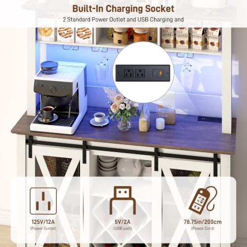 Image of Hlivelood 47 inch Wide 56 inch H Farmhouse Coffee Bar Cabinet with Power Outlet and LED Light,Wine Bar Cabinet w /3 Storage Hutch(White)