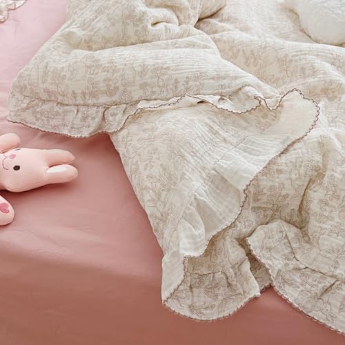 Image of BuLuTu Flower Rabbit Print Duvet Cover Twin, Soft Breathable Muslin Cotton Quilt Cover 68 inchx86 inch, Girls Boys Comforter Cover with Chic Ruffles, Zipper Closure, Corner Ties, All Seasons