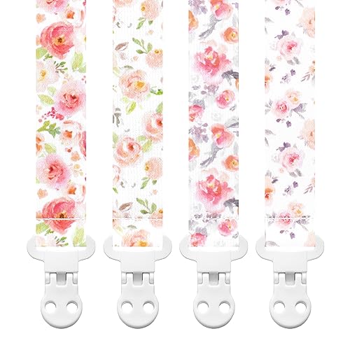 Image of Stadela Baby Pacifier Clip Holder - Girl 4 Pack Gift Set – Vintage Rose Flowers Floral Pink, Coral, Green, Gray, Blush