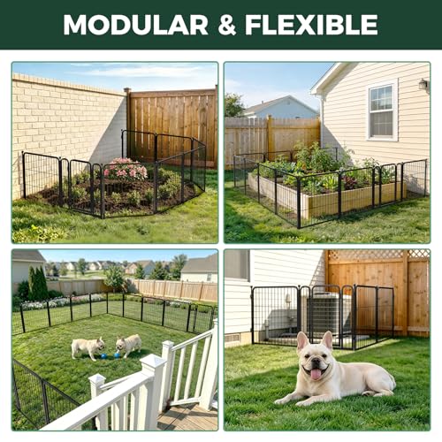 Image of FXW Garden Fence Outdoor for the Yard - 24in(H) x 15.2ft(L) Heavy Duty Metal Animal Barrier for Dog, No Dig Decorative Dog Fence with Fence-to-Wall Anchor (Pack of 4), 8 Panels, Black