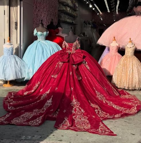 Gold Lace Quinceanera Dresses Ball Gown Glitter Tulle Off Shoulder XV Dress Appliques Puffy Sweet 15 16 Dress Bow Train3