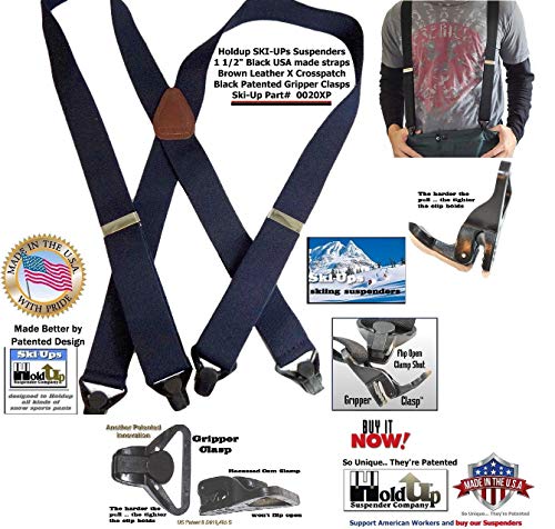 American made Holdup Black Ski-Ups X-back Suspenders with Patented black Gripper Clasps - Thumbnail 7