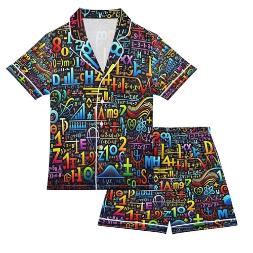 ALAZA Colorful Mathematical Formulas Math Satin Pajamas Set Short Sleeve Button Down Sleepwear Summer Pjs 2 Piece