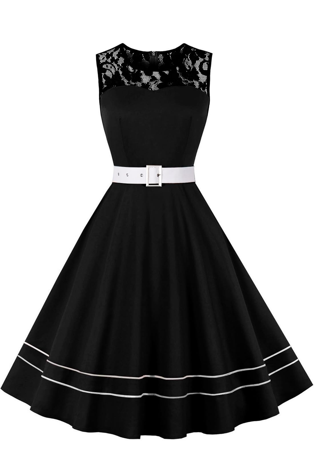 AXOE Donna Abito Vintage Anni '50 Taglio A-Line Cintura Removibile per Matrimoni Cocktail e Quotidiano Nero Bianco, Taglia 44 (EU 40), M