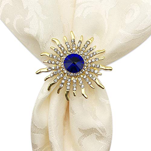 QTKJ Set of 6 Sunflower Napkin Rings Blue Crystal Napkin Buckles Holder for Wedding,Parties, Dinners, Christmas, Holidays Decor (Gold)