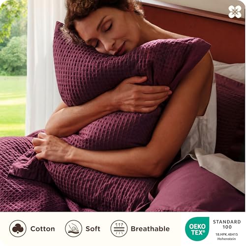 Image of Bedsure Cotton Duvet Cover King - 100% Cotton Waffle Weave Burgundy Duvet Cover King Size, PureWoven Breathable Bedding Set for All Season, 3 Pieces, 104 inchx90 inch