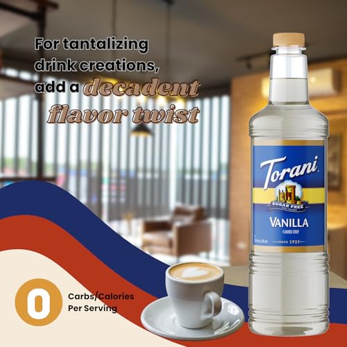 Image of Torani Sugar Free Vanilla Syrup 1 Liter Bottle with Pump Dispenser - Zero Calorie Flavored Coffee Syrup for Lattes, Cold Brews, Teas, Cocktails & Desserts
