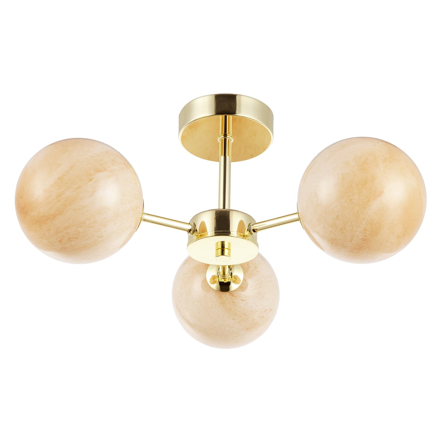 Happy Homewares Modern Designer Polished Gold Ceiling Light Fitting with Amber Marble Glass Shades | 20cm x 44cm | 3 x 5w G9 | Ideal for Low Ceilings