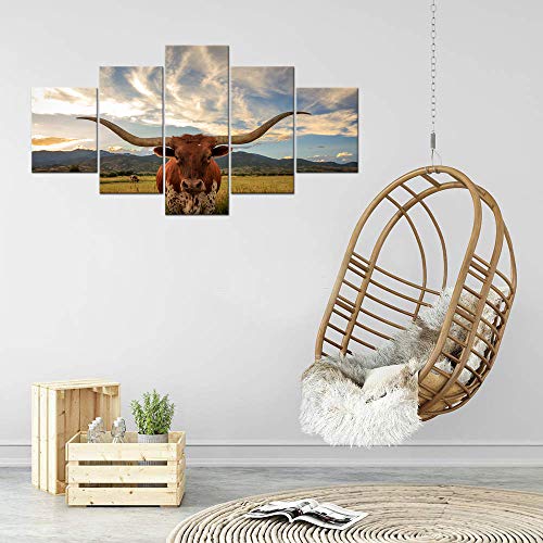 Yatsen Bridge 5 Piece Animal Hd Painting Canvas Prints Texas Longhorn Steer In Rural Utah Giclee Artwork Modern Framed And Stretched Wall Art Painting For Living Room Decor - 60''W X 32''H #TOP2