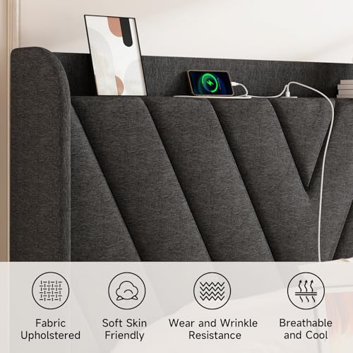 Image of koorlian Full Size Bed Frame, Full Bed Frame with Headboard, Adjustable Upholstered Bed Frame with Type-C&USB Port, Wingback Storage Headboard, Noiseless, No Box Spring Needed, Dark Gray