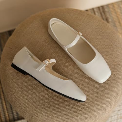 Stunner Mary Jane Square Toe Black Ballet Flats for Women, Comfortable Ankle Strap Casual Slip On Flats, White 39(7.5) 22