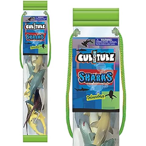 Cubitube - Shark from Deluxebase. 11 Piece Small Shark Figures and Play Accessories Collection. Reusable plastic storage tube of ocean mini replicas Cover