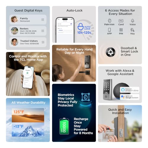TCL Smart Door Lock, Palm Vein Keyless Entry Door Locks with App Remote Control, Doorbell, 8-Month Battery, Front Door Lock Deadbolt Compatible with Alexa & Google Home, D2 Pro - image 6