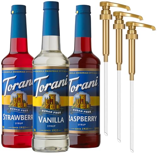 Image of Torani Sugar Free Syrup Variety 3-Pack, Strawberry, Raspberry, and Vanilla, Zero-Calorie Syrups for Drinks, Pumps Included, 25.4 Oz Ea
