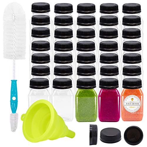 Empty PET Plastic Juice Bottles - Pack of 20 Reusable Clear Disposable Milk Bulk Containers with Funnel and Brush and Tamper Evident Caps (Black, 4 oz)