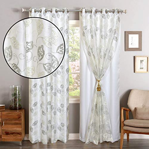 JVIN FAB Polyester Blend Embroidery Leaf Curtains, 7ft - Pack of 2 Pooja Room/Living Room/Dining Hall/Hotel/Bedroom/Kid Room/Kitchen (White and Grey),Blackout