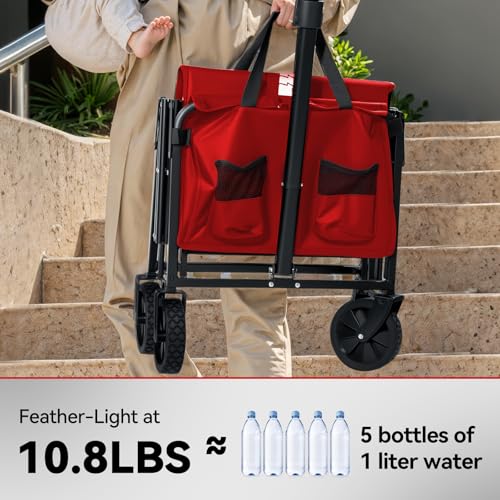 Collapsible Foldable Wagon, Foldig Cart with Wheel Heavy Duty with 180lbs Weight Capacity Lightweight Utility Camping Wagon for Groceries Garden Beach Sports Fishing (Coral Red)