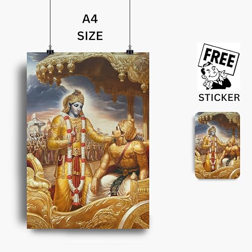 Image of Krishna Poster | Shri Krishna Ran Bhumi Poster | Shree Krishna with Arjun Mahabharat Geeta Gyan | Divine Artwork for Home, Temple, & Meditation Spaces | 350GSM Paper (A4 (29.7L x 21W), Shree Krishna)