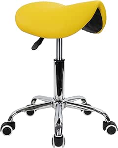 KKTONER Rolling Saddle Stool PU Leather Swivel Adjustable Rolling Stool with Wheels Salon Chair (Yellow)