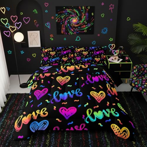 Image of QOOMO Colorful Love Kids Bedding Set, Love Heart Print Comforter Set for Boys Girls Teen Room Decorat, Black Soft Lightweight Bed Set All Season Full Size, 1 Comforter Set 2 Pillowcases