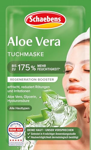 Schaebens Aloe Vera Tuchmaske - erfrischt reduziert Rötungen und Irritationen mit Aloe Vera Glycerin und Hyaluronsäure für alle Hauttypen.