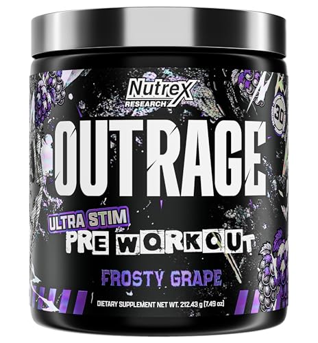 Image of Outrage Ultra HIGH STIM Pre-Workout Powder for Men | 400mg Caffeine, L-Citrulline, Beta-Alanine, Creatine | Extreme Energy, Focus, Strength & Endurance (30 Servings, Frosty Grape)