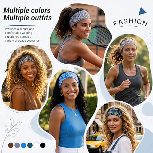 Image of DRESHOW Yoga Sports Headbands for Women Elastic Non-Slip Headbands Workout Running Hair Bands 6 Pack