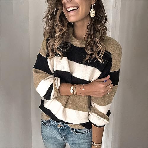 Women's 2023 Fall Stripe Contrast Pullover Sweaters Color Block Long Sleeve Crew Neck Tops Ribbed Casual Loose Blouses2