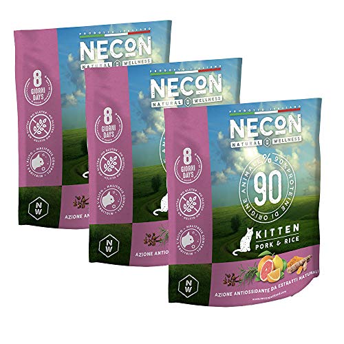 NECON Pet Food Natural Wellness Kitten Cerdo y arroz 3 x 400 g, Comida para Gatos de hasta 6 Meses de Edad, croquetas Bajas en Grano ricas en proteínas y Grasas, Calidad súper Premium