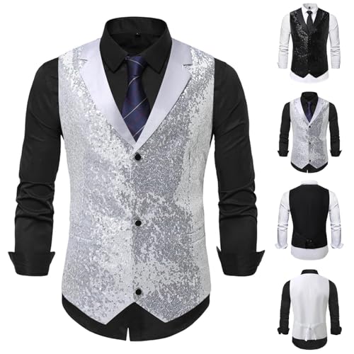 Men's Shiny Vest Notch Neck Slim Fit Sequin Suit Waistcoat Casual Sparkly Formal Vests Tuxedo for Wedding Party Prom