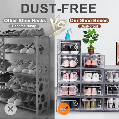 Image of Kuject 12 Pack Large Shoe Boxes, Clear Stackable Containers with Lids,Grey | Shoe organizers for closet & entryway, under-bed,Drop-front design fits women's size 10