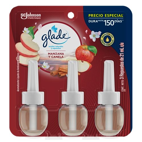 Glade Aceites Naturales, Aromatizante para Hogar, Dura Hasta 150 Días, Repuesto Econopack (3), Aroma Manzana y Canela, 63 mL