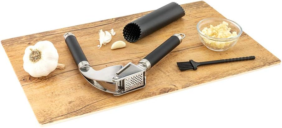 Restaurantware Met Lux 7.6 Inch x 2.5 Inch x 1.3 Inch Garlic Crusher 1 With Easy Clean Brush Garlic Press And Peeler Set - 3-Piece Silicone Peeler Black Stainless Steel Minced Garlic Tool