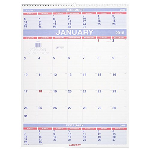 AT-A-GLANCE 3-Month Wall Calendar 2016, 12 Months, 22 x 29 Inch Page Size (PM1028)