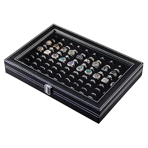 Pangkeep Ring Organizer,100 Slots Carbon Fiber Jewelry Displays for Selling,Jewelry Tray with Glass Lid(Black Velvet) Cover