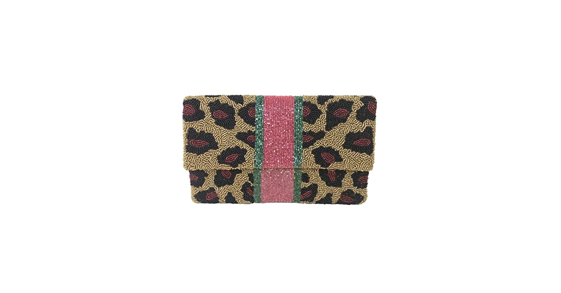 Alex Max Leopard Animal Print Striped Beaded Clutch