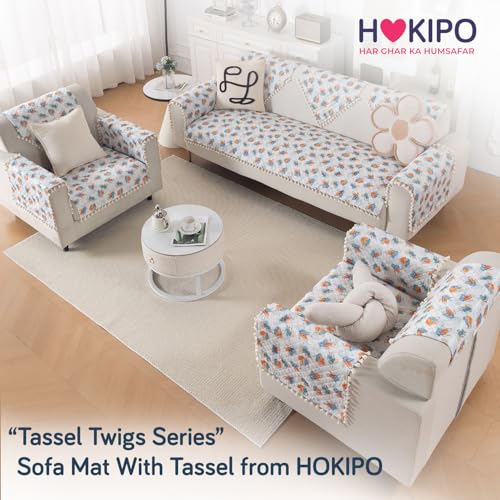 Image of HOKIPO Abstract Petals Quilted Sofa Cover Mat with Tassels for 1 Seater 'Tassel Twigs' Series (IN-982-T10)