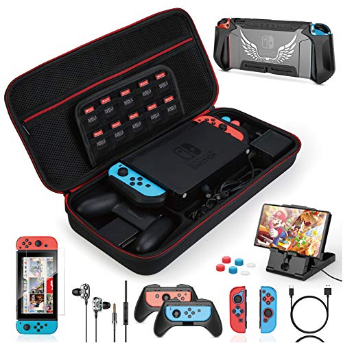 HEYSTOP Funda para Nintendo Switch, 16 in 1 Accesorios Nintendo Switch con Carcasa de TPU+Joy-Con Mandos+Protector de Pantalla+Soporte regulable+Cable USB+Auriculares+Funda Comfort Grip+6 Pulgar Grips