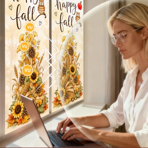 Image of Nuxovilar Fall Window Cling 17.7 x 39.4 in, White Frosted Harvest Owl | White frosted PVC helps obscure views for privacy, with an owl, sunflowers, corn and pinecones for classic harvest decor