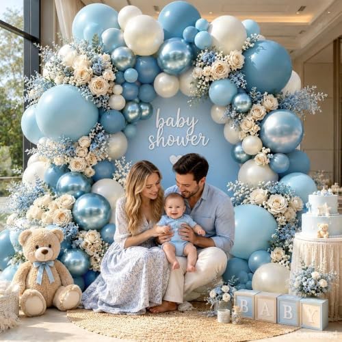 Image of Dusty Blue Balloon Garland Double Stuffed Pastel Slate Blue White Balloons | Pearl Sand Balloon Arch Kit for Baby Shower Birthday Bridal Wedding Graduation Engagement Party Decorations