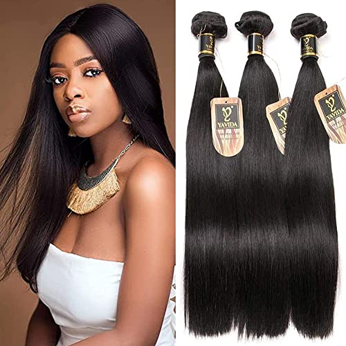 Yavida Brazilian Hair Straight Bundles 100% Unprocessed Human Hair Bundles Virgin Straight Weave Bundles 16 14 12 Straight Hair Weave Remy Human Hair Bundles Natural Black