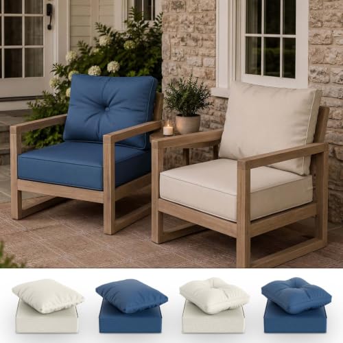 Image of DoCred Set of 2 Outdoor Chair Cushion, 6 inch Thick Patio Seat Cushion, Blue | 28D High Density Sponge Cushions & 7 inch Back Pillows with Fade and Water Resistant Cover for Patio Furniture Sofa Bench Swing