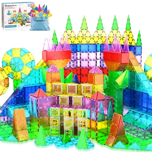 PicassoTiles Magnetic Tiles 101pc Magnet Tile Building Blocks Construction Sensory Toy Set with Storage Carry Case Drawstring Bag STEM Kids Learning Educational Pretend Play Boy Girl Ages 3+ & Up PT06